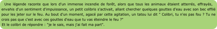 Une légende raconte que lors d'un immense incendie de forêt, alors que tous les animaux étaient atterrés, effrayés, envahis d'un sentiment d'impuissance, un petit colibris s'activait, allant chercher quelques gouttes d'eau avec son bec effilé pour les jeter sur le feu. Au bout d'un moment, agacé par cette agitation, un tatou lui dit " Colibri, tu n'es pas fou ? Tu ne crois pas que c'est avec ces gouttes d'eau que tu vas éteindre le feu ?"
Et le colibri de répondre : "je le sais, mais j'ai fait ma part".